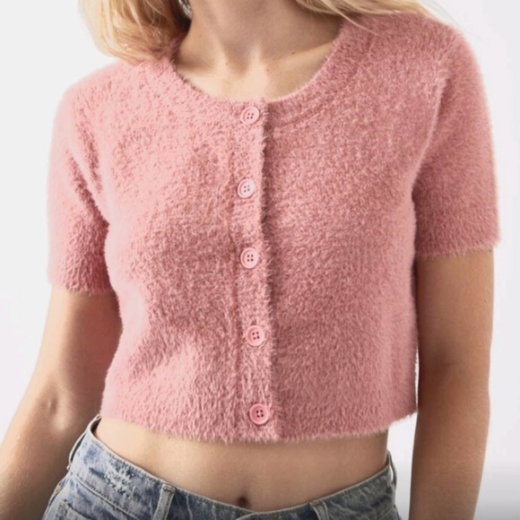 La Hearts Tops - L.A. Hearts Top Womens Sz M Crop Button Down Round Neck Short Sleeve Fuzzy